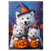 Samoyed Dog Halloween Wall Art Rustic Fall Canvas with Pumpkins Witch Hats and Autumn Leaves Farmhouse Pet Decor for Home or Bathroom on Ready to Hang 1.5" Thick Canvas Wrap, Floating Framed Canvas, Flat Rolled Canvas