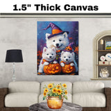 Samoyed Dog Halloween Wall Art Rustic Fall Canvas with Pumpkins Witch Hats and Autumn Leaves Farmhouse Pet Decor for Home or Bathroom on Ready to Hang 1.5" Thick Canvas Wrap, Floating Framed Canvas, Flat Rolled Canvas