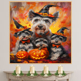 Halloween Schnauzer Dog Wall Art Rustic Fall Canvas with Pumpkins Witch Hats and Autumn Leaves Farmhouse Pet Decor for Home on Ready to Hang 1.5" Thick Canvas Wrap, Floating Framed Canvas, Flat Rolled Canvas