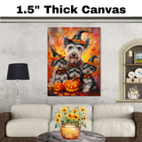 Halloween Schnauzer Dog Wall Art Rustic Fall Canvas with Pumpkins Witch Hats and Autumn Leaves Farmhouse Pet Decor for Home on Ready to Hang 1.5" Thick Canvas Wrap, Floating Framed Canvas, Flat Rolled Canvas