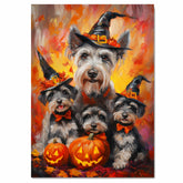 Halloween Schnauzer Dog Wall Art Rustic Fall Canvas with Pumpkins Witch Hats and Autumn Leaves Farmhouse Pet Decor for Home on Ready to Hang 1.5" Thick Canvas Wrap, Floating Framed Canvas, Flat Rolled Canvas