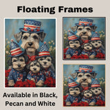 Schnauzer Dog Family in Patriotic Outfits and American Flag Hats with Flowers for Fourth of July Celebration on Ready to Hang 1.5" Thick Canvas Wrap, Floating Framed Canvas, Flat Rolled Canvas