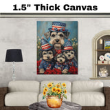 Schnauzer Dog Family in Patriotic Outfits and American Flag Hats with Flowers for Fourth of July Celebration on Ready to Hang 1.5" Thick Canvas Wrap, Floating Framed Canvas, Flat Rolled Canvas