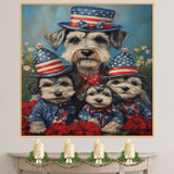 Schnauzer Dog Family in Patriotic Outfits and American Flag Hats with Flowers for Fourth of July Celebration on Ready to Hang 1.5" Thick Canvas Wrap, Floating Framed Canvas, Flat Rolled Canvas