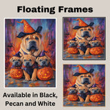 Halloween Shar Pei Dog Wall Art Rustic Fall Canvas with Pumpkins Witch Hats and Autumn Leaves Farmhouse Pet Decor for Home on Ready to Hang 1.5" Thick Canvas Wrap, Floating Framed Canvas, Flat Rolled Canvas
