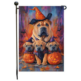 Shar Pei Dog Yard Flag Outdoor Decoration for Halloween Party Farmhouse Decor Fall Season Glowing Pumpkin Face Rustic Flag for Welcome Fall Garden Flag