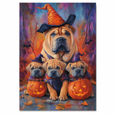 Halloween Shar Pei Dog Wall Art Rustic Fall Canvas with Pumpkins Witch Hats and Autumn Leaves Farmhouse Pet Decor for Home on Ready to Hang 1.5" Thick Canvas Wrap, Floating Framed Canvas, Flat Rolled Canvas