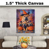 Halloween Shar Pei Dog Wall Art Rustic Fall Canvas with Pumpkins Witch Hats and Autumn Leaves Farmhouse Pet Decor for Home on Ready to Hang 1.5" Thick Canvas Wrap, Floating Framed Canvas, Flat Rolled Canvas