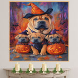 Halloween Shar Pei Dog Wall Art Rustic Fall Canvas with Pumpkins Witch Hats and Autumn Leaves Farmhouse Pet Decor for Home on Ready to Hang 1.5" Thick Canvas Wrap, Floating Framed Canvas, Flat Rolled Canvas