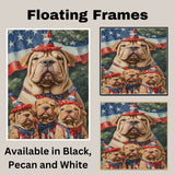 Shar Pei Dog Family in Patriotic Outfits and Party Hats with American Flag Backdrop for Fourth of July Celebration on Ready to Hang 1.5" Thick Canvas Wrap, Floating Framed Canvas, Flat Rolled Canvas