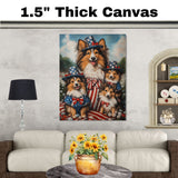 Sheltie Dog Family in American Flag Outfits and Hats with Flowers and Stripes for Fourth of July Celebration on Ready to Hang 1.5" Thick Canvas Wrap, Floating Framed Canvas, Flat Rolled Canvas