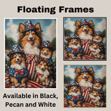 Sheltie Dog Family in American Flag Outfits and Hats with Flowers and Stripes for Fourth of July Celebration on Ready to Hang 1.5" Thick Canvas Wrap, Floating Framed Canvas, Flat Rolled Canvas