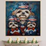 Shih Tzu Dog Family in Patriotic Outfits and American Flag Hats with Bows for Fourth of July Celebration on Ready to Hang 1.5" Thick Canvas Wrap, Floating Framed Canvas, Flat Rolled Canvas