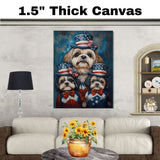 Shih Tzu Dog Family in Patriotic Outfits and American Flag Hats with Bows for Fourth of July Celebration on Ready to Hang 1.5" Thick Canvas Wrap, Floating Framed Canvas, Flat Rolled Canvas