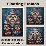 Shih Tzu Dog Family in Patriotic Outfits and American Flag Hats with Bows for Fourth of July Celebration on Ready to Hang 1.5" Thick Canvas Wrap, Floating Framed Canvas, Flat Rolled Canvas
