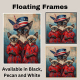 Siamese Cat Family in Patriotic Red Outfits and American Flag Hat with Blue Eyes for Fourth of July Celebration on Ready to Hang 1.5" Thick Canvas Wrap, Floating Framed Canvas, Flat Rolled Canvas