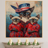 Siamese Cat Family in Patriotic Red Outfits and American Flag Hat with Blue Eyes for Fourth of July Celebration on Ready to Hang 1.5" Thick Canvas Wrap, Floating Framed Canvas, Flat Rolled Canvas
