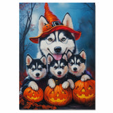 Siberian Husky Dog Halloween Wall Art Rustic Fall Canvas with Pumpkins Witch Hat and Autumn Leaves Farmhouse Pet Decor for Home on Ready to Hang 1.5" Thick Canvas Wrap, Floating Framed Canvas, Flat Rolled Canvas