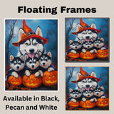Siberian Husky Dog Halloween Wall Art Rustic Fall Canvas with Pumpkins Witch Hat and Autumn Leaves Farmhouse Pet Decor for Home on Ready to Hang 1.5" Thick Canvas Wrap, Floating Framed Canvas, Flat Rolled Canvas