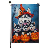 Siberian Husky Dog Spooky Halloween Garden Flag with Pumpkins Witch Hat Rustic Fall Pet Autumn Farmhouse Home Outdoor Decor Gift for Dog Lovers Thanksgiving Decorations