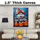 Siberian Husky Dog Halloween Wall Art Rustic Fall Canvas with Pumpkins Witch Hat and Autumn Leaves Farmhouse Pet Decor for Home on Ready to Hang 1.5" Thick Canvas Wrap, Floating Framed Canvas, Flat Rolled Canvas