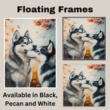 Romantic Siberian Husky Dog Couple with Hearts Fall Leaves Artwork for Dog Lovers Rustic Cozy Home and Gift Decor on Ready to Hang 1.5" Thick Canvas Wrap, Floating Framed Canvas, Flat Rolled Canvas