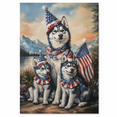 Siberian Husky Dog Family in Patriotic Outfits and Party Hats with American Flags and Mountain Scenery for Fourth of July on Ready to Hang 1.5" Thick Canvas Wrap, Floating Framed Canvas, Flat Rolled Canvas