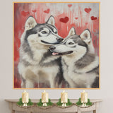 Siberian Husky Dog Couple with Hearts Romantic Pet Artwork for Dog Lovers and Cozy Rustic Home Decor on Ready to Hang 1.5" Thick Canvas Wrap, Floating Framed Canvas, Flat Rolled Canvas