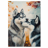 Romantic Siberian Husky Dog Couple with Hearts Fall Leaves Artwork for Dog Lovers Rustic Cozy Home and Gift Decor on Ready to Hang 1.5" Thick Canvas Wrap, Floating Framed Canvas, Flat Rolled Canvas