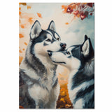 Romantic Siberian Husky Dog Couple with Hearts Fall Leaves Artwork for Dog Lovers Rustic Cozy Home and Gift Decor on Ready to Hang 1.5" Thick Canvas Wrap, Floating Framed Canvas, Flat Rolled Canvas