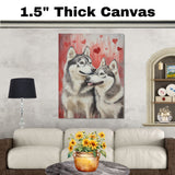 Siberian Husky Dog Couple with Hearts Romantic Pet Artwork for Dog Lovers and Cozy Rustic Home Decor on Ready to Hang 1.5" Thick Canvas Wrap, Floating Framed Canvas, Flat Rolled Canvas
