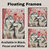 Siberian Husky Dog Couple with Hearts Romantic Pet Artwork for Dog Lovers and Cozy Rustic Home Decor on Ready to Hang 1.5" Thick Canvas Wrap, Floating Framed Canvas, Flat Rolled Canvas