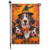 Treeing Walker Coonhound Witch Hat Halloween Garden Flag for Rustic Farmhouse Outdoor Decor with Pumpkins and Bats Fall Autumn Seasonal Garden Decoration Gifts