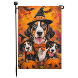 Treeing Walker Coonhound Witch Hat Halloween Garden Flag for Rustic Farmhouse Outdoor Decor with Pumpkins and Bats Fall Autumn Seasonal Garden Decoration Gifts