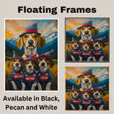 Treeing Walker Dog Family in Patriotic Outfits and Party Hats with Mountain Sunset Background for Fourth of July Decor on Ready to Hang 1.5" Thick Canvas Wrap, Floating Framed Canvas, Flat Rolled Canvas