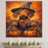Rustic Halloween Vizsla Dog Wall Art Canvas with Pumpkins Witch Hats and Autumn Leaves Fall Farmhouse Pet Decor for Home on Ready to Hang 1.5" Thick Canvas Wrap, Floating Framed Canvas, Flat Rolled Canvas
