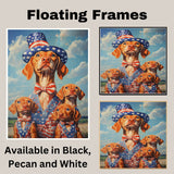 Vizsla Dog Family in Patriotic Outfits and Star Hats with Blue Sky and Clouds for Fourth of July Celebration on Ready to Hang 1.5" Thick Canvas Wrap, Floating Framed Canvas, Flat Rolled Canvas