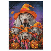 Halloween Weimaraner Dog Wall Art Rustic Fall Canvas with Pumpkins Witch Hats and Autumn Leaves Farmhouse Pet Decor for Home on Ready to Hang 1.5" Thick Canvas Wrap, Floating Framed Canvas, Flat Rolled Canvas