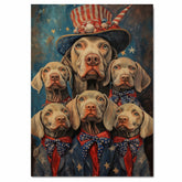 Weimaraner Dog Family in Patriotic Outfits with Stars and Stripes Hats and Bowties for Fourth of July Celebration on Ready to Hang 1.5" Thick Canvas Wrap, Floating Framed Canvas, Flat Rolled Canvas