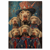 Weimaraner Dog Family in Patriotic Outfits with Stars and Stripes Hats and Bowties for Fourth of July Celebration on Ready to Hang 1.5" Thick Canvas Wrap, Floating Framed Canvas, Flat Rolled Canvas