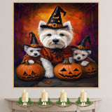 West Highland Terrier Dog Halloween Wall Art Rustic Fall Canvas with Pumpkins Witch Hats and Autumn Leaves Farmhouse Pet Decor for Home and Dog Lovers on Ready to Hang 1.5" Thick Canvas Wrap, Floating Framed Canvas, Flat Rolled Canvas