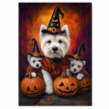 West Highland Terrier Dog Halloween Wall Art Rustic Fall Canvas with Pumpkins Witch Hats and Autumn Leaves Farmhouse Pet Decor for Home and Dog Lovers on Ready to Hang 1.5" Thick Canvas Wrap, Floating Framed Canvas, Flat Rolled Canvas