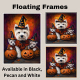 West Highland Terrier Dog Halloween Wall Art Rustic Fall Canvas with Pumpkins Witch Hats and Autumn Leaves Farmhouse Pet Decor for Home and Dog Lovers on Ready to Hang 1.5" Thick Canvas Wrap, Floating Framed Canvas, Flat Rolled Canvas