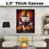 West Highland Terrier Dog Halloween Wall Art Rustic Fall Canvas with Pumpkins Witch Hats and Autumn Leaves Farmhouse Pet Decor for Home and Dog Lovers on Ready to Hang 1.5" Thick Canvas Wrap, Floating Framed Canvas, Flat Rolled Canvas
