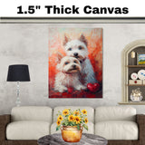 West Highland Terrier Dog Couple with Red Hearts Sweet White Dogs Artwork for Cozy Pet Lovers Rustic Gift Home Decor on Ready to Hang 1.5" Thick Canvas Wrap, Floating Framed Canvas, Flat Rolled Canvas