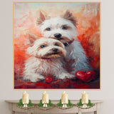 West Highland Terrier Dog Couple with Red Hearts Sweet White Dogs Artwork for Cozy Pet Lovers Rustic Gift Home Decor on Ready to Hang 1.5" Thick Canvas Wrap, Floating Framed Canvas, Flat Rolled Canvas