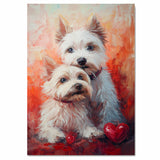 West Highland Terrier Dog Couple with Red Hearts Sweet White Dogs Artwork for Cozy Pet Lovers Rustic Gift Home Decor on Ready to Hang 1.5" Thick Canvas Wrap, Floating Framed Canvas, Flat Rolled Canvas