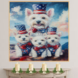 Westie Dog Family in Patriotic Outfits with American Flag Hats and Bows by the Water for Fourth of July Celebration on Ready to Hang 1.5" Thick Canvas Wrap, Floating Framed Canvas, Flat Rolled Canvas