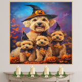 Wheaten Terrier Dog Halloween Wall Art Rustic Fall Canvas with Pumpkins Witch Hats and Autumn Leaves Farmhouse Pet Decor on Ready to Hang 1.5" Thick Canvas Wrap, Floating Framed Canvas, Flat Rolled Canvas