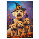 Wheaten Terrier Dog Halloween Wall Art Rustic Fall Canvas with Pumpkins Witch Hats and Autumn Leaves Farmhouse Pet Decor on Ready to Hang 1.5" Thick Canvas Wrap, Floating Framed Canvas, Flat Rolled Canvas
